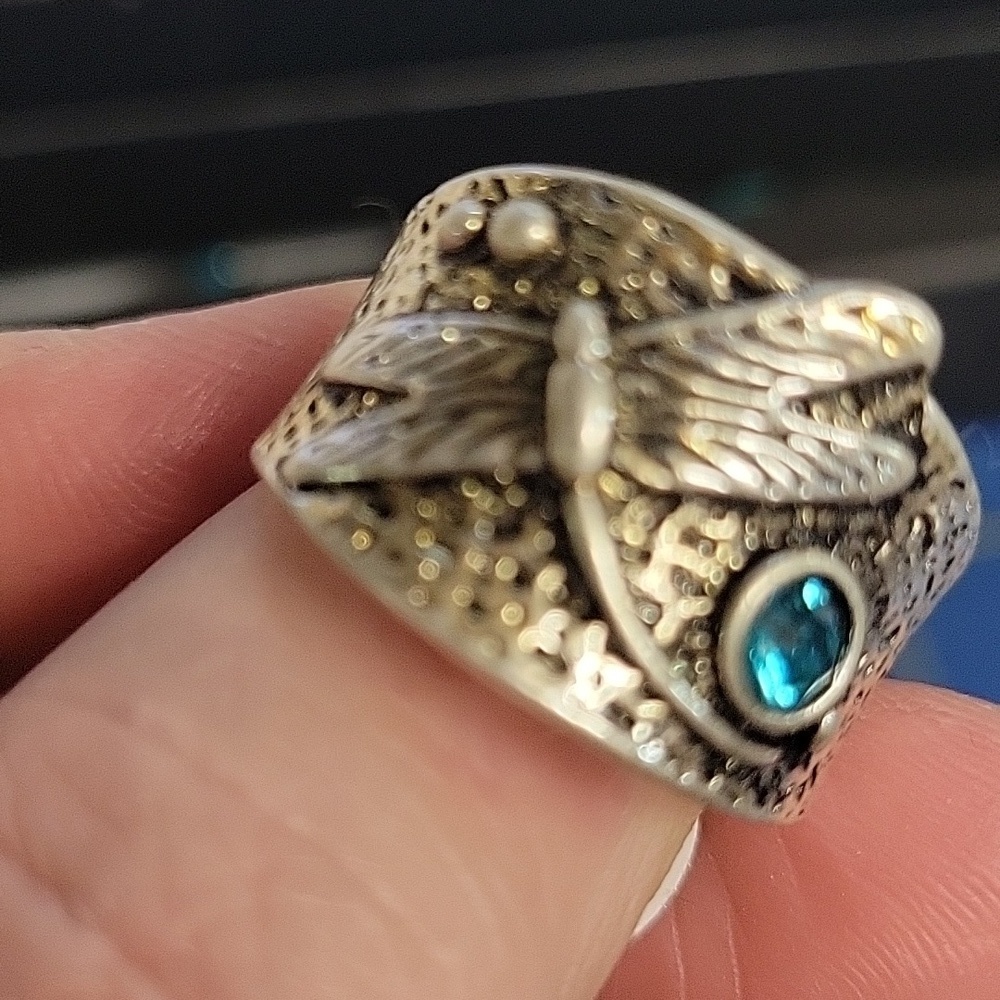 Aquamarine Faux Stone Dragonfly Silver Tone Ring